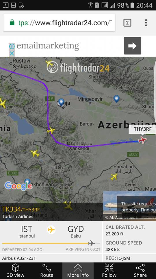 Ստամբուլ-Բաքու ինքնաթիռն Արցախի օդային տարածքում է (լուսանկար)