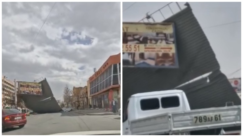 Արմավիրում քամին տանիքի մետաղական հատվածը պոկել և շպրտել է փողոցի երթևեկելի հատված (տեսանյութ)