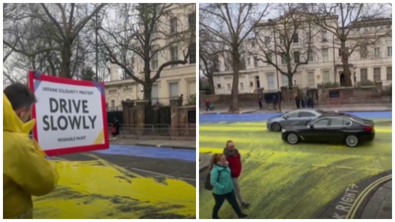 Լոնդոնում ՌԴ-ի դեսպանատան փողոցը Ուկրաինայի դրոշի գույներով է ներկվել (տեսանյութ)