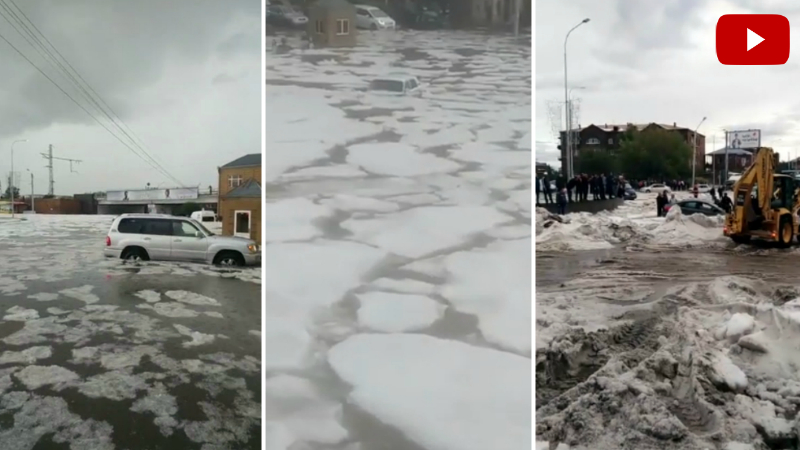 Գյումրիում կարկուտից սառցե լիճ է գոյացել․ անձրևաջրերը ծածկել են քաղաքի փողոցները (տեսանյութ)